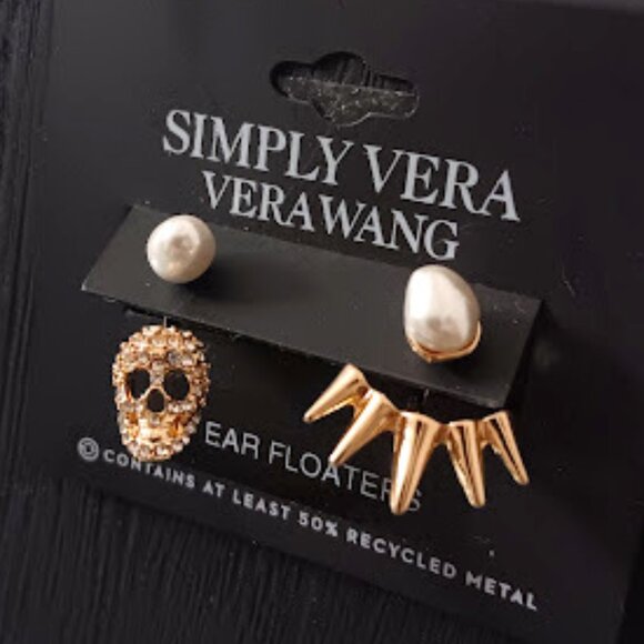 VERA WANG Goth Halloween Gold Skull Head Spikes White Pearl Front Back Earrings - Picture 1 of 4